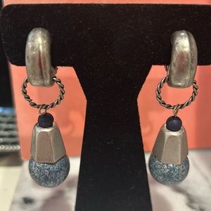 Vintage Denim Blue Charm on  an Antiqued Silver Clip On Hoop Earrings-Boutique